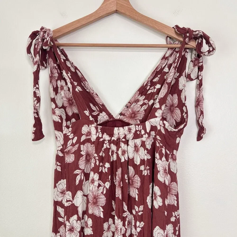 Abercrombie & Fitch Floral Maxi Tie Strap Dress Size M Brown Open Back Tiered